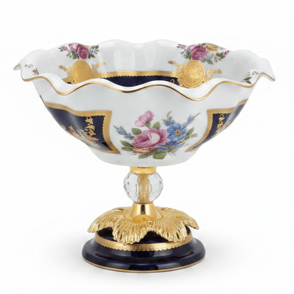 Veranese Premium Footed Ceramic and Metal Fruit Serving Bowl White and Navy Blue with Gold Floral Design 24×21 cm Luxury Decor - Al Kabayel Discount CentreVeranese Premium Footed Ceramic and Metal Fruit Serving Bowl White and Navy Blue with Gold Floral Design 24×21 cm Luxury DecorBowlsVERANESEAl Kabayel Discount Centre