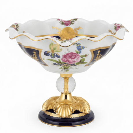 Veranese Premium Footed Ceramic and Metal Fruit Serving Bowl White and Navy Blue with Gold Floral Design 29×24 cm Elegant Centerpiece - Al Kabayel Discount CentreVeranese Premium Footed Ceramic and Metal Fruit Serving Bowl White and Navy Blue with Gold Floral Design 29×24 cm Elegant CenterpieceBowlsVERANESEAl Kabayel Discount Centre