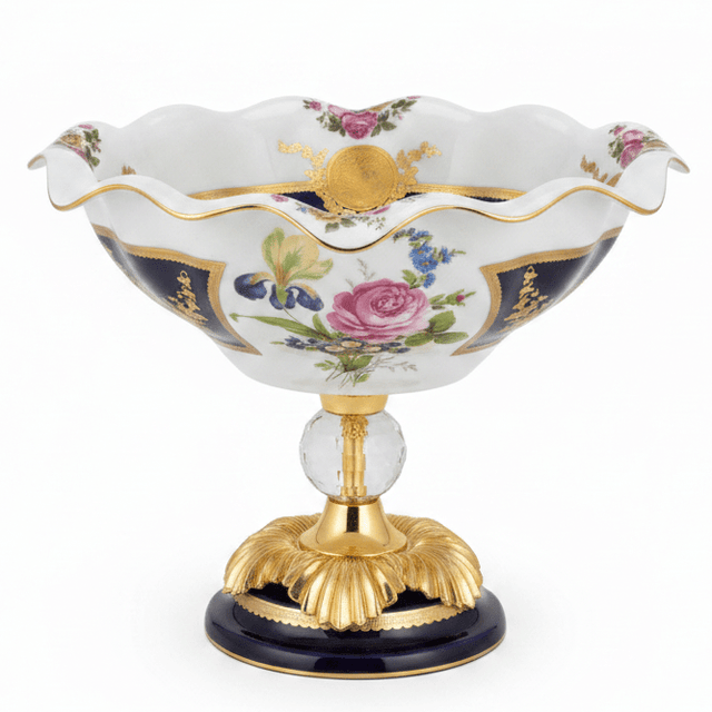 Veranese Premium Footed Ceramic and Metal Fruit Serving Bowl White and Navy Blue with Gold Floral Design 29×24 cm Elegant Centerpiece - Al Kabayel Discount CentreVeranese Premium Footed Ceramic and Metal Fruit Serving Bowl White and Navy Blue with Gold Floral Design 29×24 cm Elegant CenterpieceBowlsVERANESEAl Kabayel Discount Centre