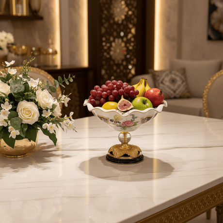 Veranese Premium Footed Ceramic and Metal Fruit Serving Bowl White and Navy Blue with Gold Floral Design 29×24 cm Elegant Centerpiece - Al Kabayel Discount CentreVeranese Premium Footed Ceramic and Metal Fruit Serving Bowl White and Navy Blue with Gold Floral Design 29×24 cm Elegant CenterpieceBowlsVERANESEAl Kabayel Discount Centre