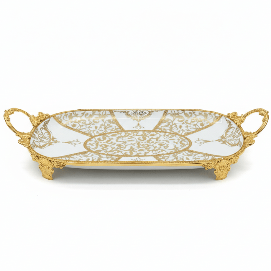 Veranese white Classic Large Oval Golden Metal Footed Ceramic Fruit Tray Elegant Serving Platter 40×22cm - Al Kabayel Discount CentreVeranese white Classic Large Oval Golden Metal Footed Ceramic Fruit Tray Elegant Serving Platter 40×22cmServing TraysVERANESEAl Kabayel Discount Centre