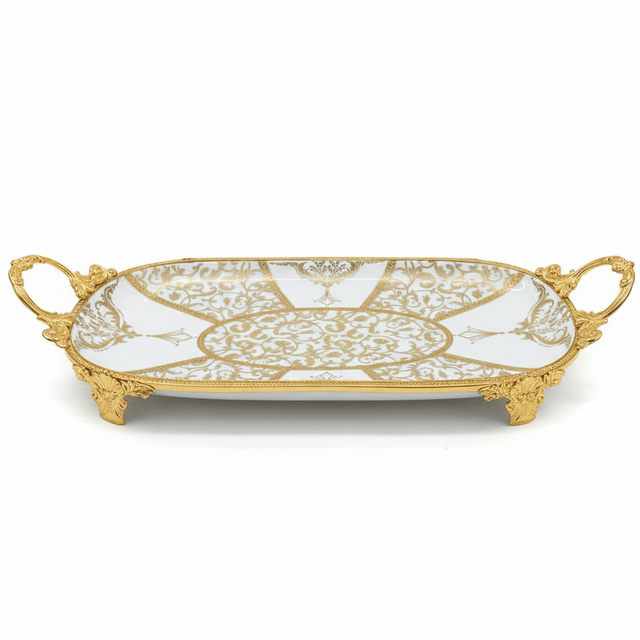 Veranese white Classic Large Oval Golden Metal Footed Ceramic Fruit Tray Elegant Serving Platter 40×22cm - Al Kabayel Discount CentreVeranese white Classic Large Oval Golden Metal Footed Ceramic Fruit Tray Elegant Serving Platter 40×22cmServing TraysVERANESEAl Kabayel Discount Centre