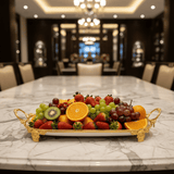 Veranese white Classic Large Oval Golden Metal Footed Ceramic Fruit Tray Elegant Serving Platter 40×22cm - Al Kabayel Discount CentreVeranese white Classic Large Oval Golden Metal Footed Ceramic Fruit Tray Elegant Serving Platter 40×22cmServing TraysVERANESEAl Kabayel Discount Centre