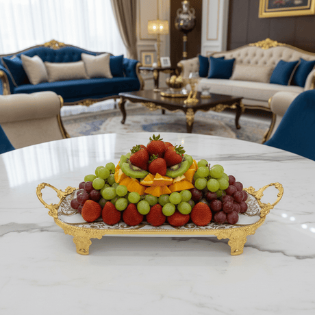 Veranese White Classic Oval Golden Metal Footed Ceramic Fruit Tray Elegant Serving Platter 34×20cm - Al Kabayel Discount CentreVeranese White Classic Oval Golden Metal Footed Ceramic Fruit Tray Elegant Serving Platter 34×20cmServing TraysVERANESEAl Kabayel Discount Centre