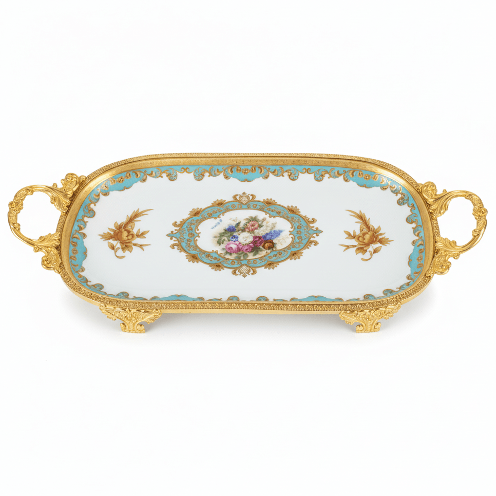 Veranese White Floral Oval Golden Metal Footed Ceramic Fruit Tray Flower Design Serving Dish 30×15cm - Al Kabayel Discount CentreVeranese White Floral Oval Golden Metal Footed Ceramic Fruit Tray Flower Design Serving Dish 30×15cmServing TraysVERANESEAl Kabayel Discount Centre