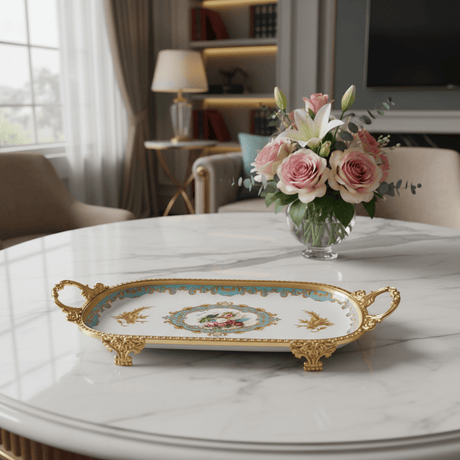 Veranese White Floral Oval Golden Metal Footed Ceramic Fruit Tray Flower Design Serving Dish 30×15cm - Al Kabayel Discount CentreVeranese White Floral Oval Golden Metal Footed Ceramic Fruit Tray Flower Design Serving Dish 30×15cmServing TraysVERANESEAl Kabayel Discount Centre