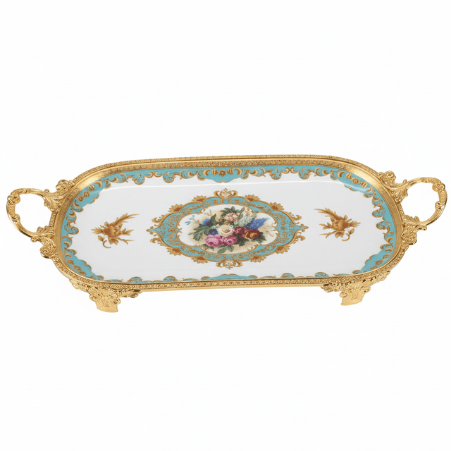 Veranese White Floral Oval Golden Metal Footed Ceramic Fruit Tray Flower Design Serving Dish 34×20cm - Al Kabayel Discount CentreVeranese White Floral Oval Golden Metal Footed Ceramic Fruit Tray Flower Design Serving Dish 34×20cmServing TraysVERANESEAl Kabayel Discount Centre