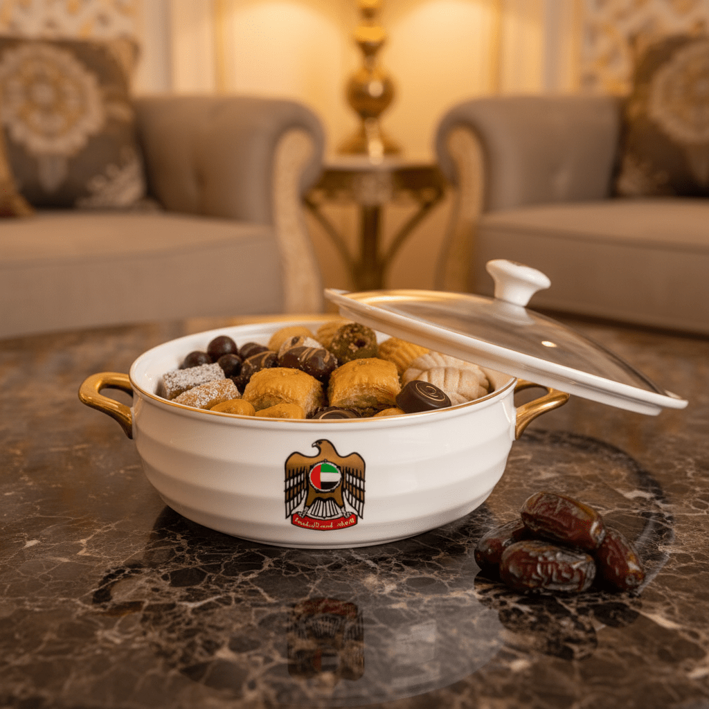 Verucci Luxury White Ceramic Candy Bowl with UAE Falcon Emblem & Glass Lid – 8 Inch - Al Kabayel Discount CentreVerucci Luxury White Ceramic Candy Bowl with UAE Falcon Emblem & Glass Lid – 8 InchBowlsVERUCCIAl Kabayel Discount Centre