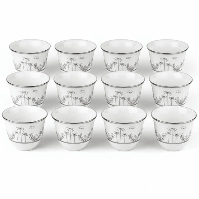 Verucci White Ceramic Arabic Cawa Cups Set of 12 Silver Rim Palm Tree Design Traditional Coffee Cups 80 ml - Al Kabayel Discount CentreVerucci White Ceramic Arabic Cawa Cups Set of 12 Silver Rim Palm Tree Design Traditional Coffee Cups 80 mlTea CupsVERUCCIAl Kabayel Discount Centre
