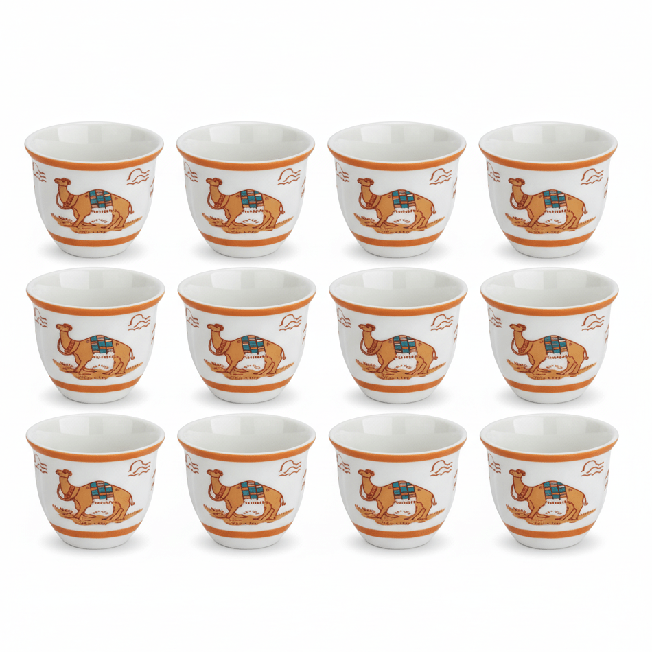 Verucci White Ceramic Arabic Coffee Cawa Cups Set of 12 Orange Rim Camel Design Middle Eastern Gahwa Finjan 80 ml - Al Kabayel Discount CentreVerucci White Ceramic Arabic Coffee Cawa Cups Set of 12 Orange Rim Camel Design Middle Eastern Gahwa Finjan 80 mlTea CupsVERUCCIAl Kabayel Discount Centre