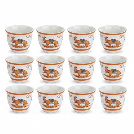 Verucci White Ceramic Arabic Coffee Cawa Cups Set of 12 Orange Rim Camel Design Middle Eastern Gahwa Finjan 80 ml - Al Kabayel Discount CentreVerucci White Ceramic Arabic Coffee Cawa Cups Set of 12 Orange Rim Camel Design Middle Eastern Gahwa Finjan 80 mlTea CupsVERUCCIAl Kabayel Discount Centre