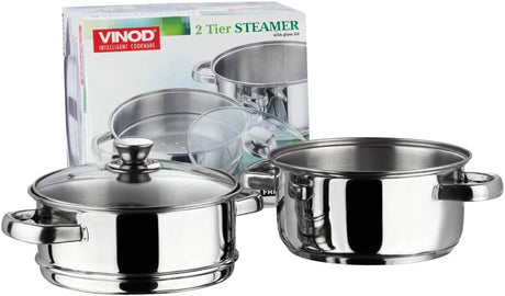 Vinod 18cm 2 - Tier Stainless Steel Idli & Multi Steamer with Glass Lid – Induction Base - Al Kabayel Discount CentreVinod 18cm 2 - Tier Stainless Steel Idli & Multi Steamer with Glass Lid – Induction BaseFood StreamersVINODAl Kabayel Discount Centre