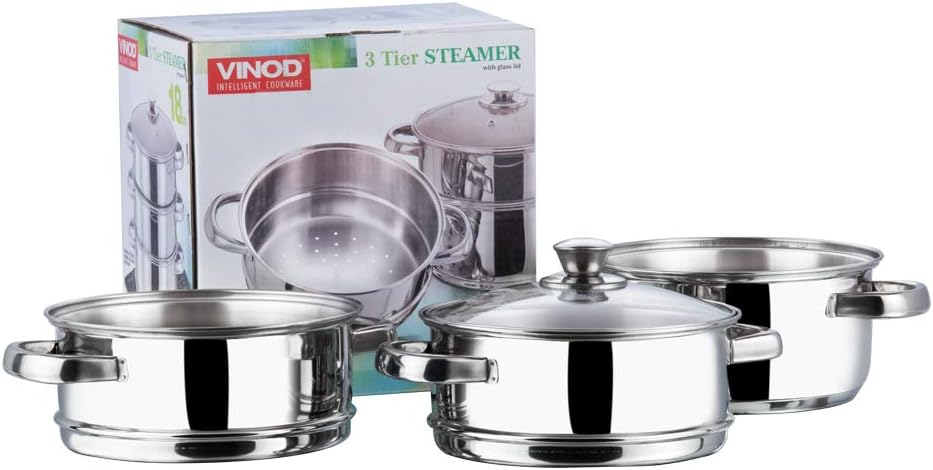 Vinod 24cm 3 - Tier Stainless Steel Idli Steamer with Glass Lid – Heavy Base Cooker - Al Kabayel Discount CentreVinod 24cm 3 - Tier Stainless Steel Idli Steamer with Glass Lid – Heavy Base CookerFood StreamersVINODAl Kabayel Discount Centre