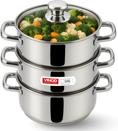 Vinod 28cm 3 - Tier Stainless Steel Multi - Purpose Steamer with Glass Lid – Induction Compatible - Al Kabayel Discount CentreVinod 28cm 3 - Tier Stainless Steel Multi - Purpose Steamer with Glass Lid – Induction CompatibleFood StreamersVINODAl Kabayel Discount Centre