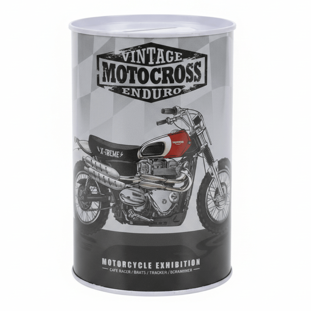 Vintage Motocross Enduro Metal Coin Piggy Bank Tin Can | Motorcycle Exhibition Savings Box | 13×8cm | Perfect Gift for Bike Lovers & Kids - Al Kabayel Discount CentreVintage Motocross Enduro Metal Coin Piggy Bank Tin Can | Motorcycle Exhibition Savings Box | 13×8cm | Perfect Gift for Bike Lovers & KidsOrganizers & AccessoriesAKDCAl Kabayel Discount Centre