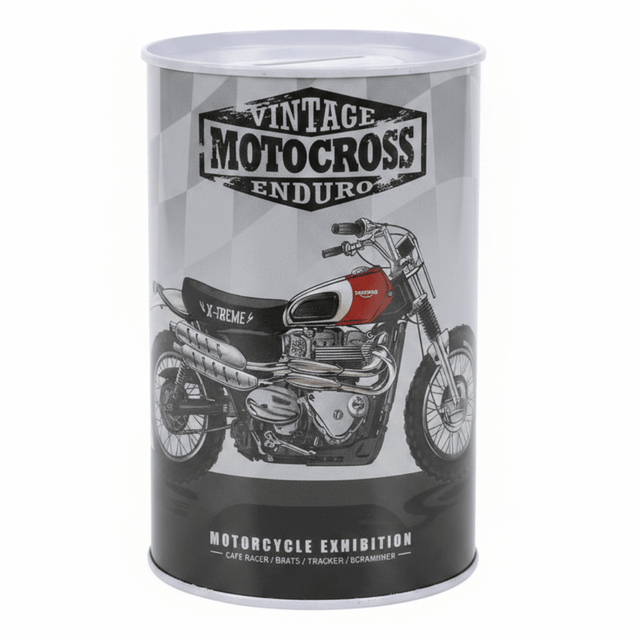 Vintage Motocross Enduro Metal Coin Piggy Bank Tin Can | Motorcycle Exhibition Savings Box | 13×8cm | Perfect Gift for Bike Lovers & Kids - Al Kabayel Discount CentreVintage Motocross Enduro Metal Coin Piggy Bank Tin Can | Motorcycle Exhibition Savings Box | 13×8cm | Perfect Gift for Bike Lovers & KidsOrganizers & AccessoriesAKDCAl Kabayel Discount Centre