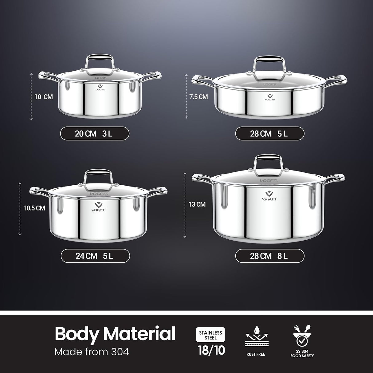 Vogati Tri - Ply Stainless Steel 8 - Piece Cookware Set – Induction Compatible Pots & Pan with Glass Lids, PFOA Free - Al Kabayel Discount CentreVogati Tri - Ply Stainless Steel 8 - Piece Cookware Set – Induction Compatible Pots & Pan with Glass Lids, PFOA FreeCookware SetVOGATIAl Kabayel Discount Centre