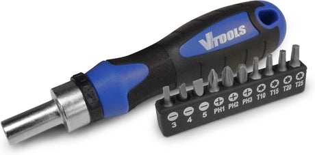 Vtools 11 PC Ratchet Screwdriver Set With Bits, 72 - Tooth, High - Torque Reversible Mechanism, Ergonomic Handle, Precision CRV Steel Bit Holder, Ideal for Professional and DIY Use,VT2255 - Al Kabayel Discount CentreVtools 11 PC Ratchet Screwdriver Set With Bits, 72 - Tooth, High - Torque Reversible Mechanism, Ergonomic Handle, Precision CRV Steel Bit Holder, Ideal for Professional and DIY Use,VT2255ToolsVTOOLSAl Kabayel Discount Centre