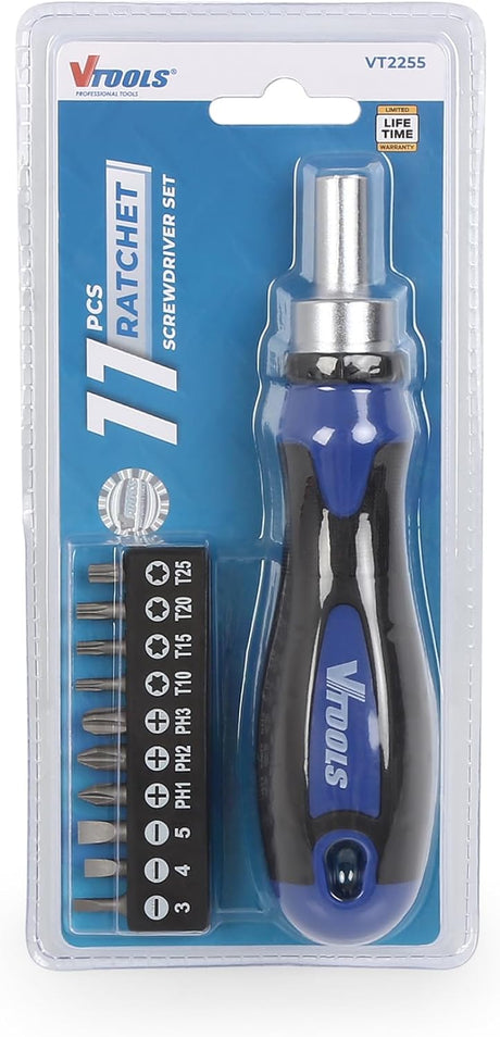 Vtools 11 PC Ratchet Screwdriver Set With Bits, 72 - Tooth, High - Torque Reversible Mechanism, Ergonomic Handle, Precision CRV Steel Bit Holder, Ideal for Professional and DIY Use,VT2255 - Al Kabayel Discount CentreVtools 11 PC Ratchet Screwdriver Set With Bits, 72 - Tooth, High - Torque Reversible Mechanism, Ergonomic Handle, Precision CRV Steel Bit Holder, Ideal for Professional and DIY Use,VT2255ToolsVTOOLSAl Kabayel Discount Centre