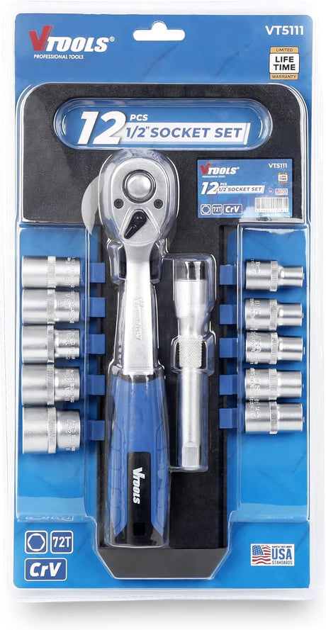 Vtools 12 PC Socket Set 1/2 inch, with Extension Bars, Socket Bits, and Ergonomic Ratchet Wrench Handle,Comprehensive Tool Kit for Auto Repair and DIY,Black,VT5111 - Al Kabayel Discount CentreVtools 12 PC Socket Set 1/2 inch, with Extension Bars, Socket Bits, and Ergonomic Ratchet Wrench Handle,Comprehensive Tool Kit for Auto Repair and DIY,Black,VT5111ToolsVTOOLSAl Kabayel Discount Centre