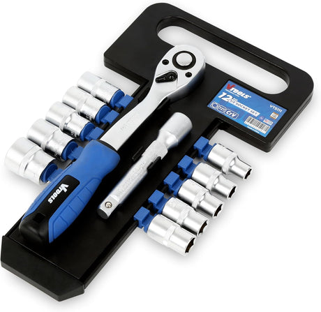 Vtools 12 PC Socket Set 1/2 inch, with Extension Bars, Socket Bits, and Ergonomic Ratchet Wrench Handle,Comprehensive Tool Kit for Auto Repair and DIY,Black,VT5111 - Al Kabayel Discount CentreVtools 12 PC Socket Set 1/2 inch, with Extension Bars, Socket Bits, and Ergonomic Ratchet Wrench Handle,Comprehensive Tool Kit for Auto Repair and DIY,Black,VT5111ToolsVTOOLSAl Kabayel Discount Centre