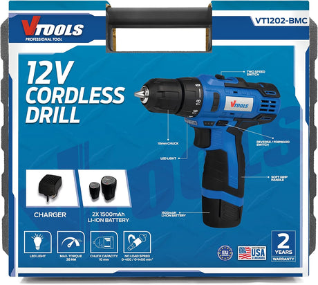 Vtools 12V Cordless Drill Driver Kit, 400 - 1400 RPM, Dual Speed with 2 Lithium - Ion Batteries 1.5 Ah, Powerful 28NM Torque, 10mm Chuck for Efficient Drilling & Fastening, 2 Years Warranty - VT1202 - BMC - Al Kabayel Discount CentreVtools 12V Cordless Drill Driver Kit, 400 - 1400 RPM, Dual Speed with 2 Lithium - Ion Batteries 1.5 Ah, Powerful 28NM Torque, 10mm Chuck for Efficient Drilling & Fastening, 2 Years Warranty - VT1202 - BMCToolsVTOOLSAl Kabayel Discount Centre