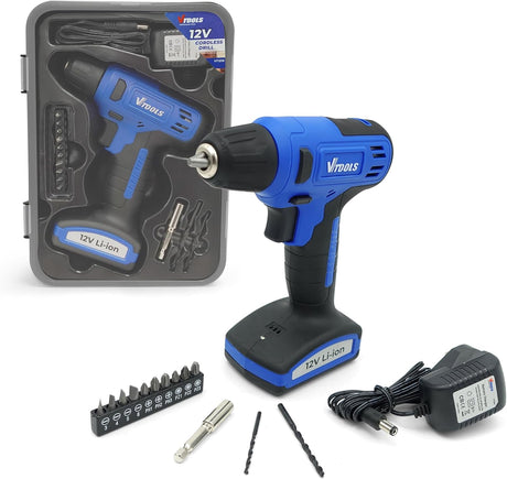 Vtools 12V Cordless Drill Driver With 13 Piece Bits Set, 850 RPM, with Built - In Lithium - Ion 1.5Ah Battery, 16NM Torque, 10mm Chuck for Efficient Drilling & Fastening, 2 Years Warranty, VT1216 - Al Kabayel Discount CentreVtools 12V Cordless Drill Driver With 13 Piece Bits Set, 850 RPM, with Built - In Lithium - Ion 1.5Ah Battery, 16NM Torque, 10mm Chuck for Efficient Drilling & Fastening, 2 Years Warranty, VT1216ToolsVTOOLSAl Kabayel Discount Centre