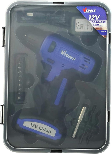 Vtools 12V Cordless Drill Driver With 13 Piece Bits Set, 850 RPM, with Built - In Lithium - Ion 1.5Ah Battery, 16NM Torque, 10mm Chuck for Efficient Drilling & Fastening, 2 Years Warranty, VT1216 - Al Kabayel Discount CentreVtools 12V Cordless Drill Driver With 13 Piece Bits Set, 850 RPM, with Built - In Lithium - Ion 1.5Ah Battery, 16NM Torque, 10mm Chuck for Efficient Drilling & Fastening, 2 Years Warranty, VT1216ToolsVTOOLSAl Kabayel Discount Centre