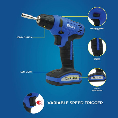 Vtools 12V Cordless Drill Driver With 13 Piece Bits Set, 850 RPM, with Built - In Lithium - Ion 1.5Ah Battery, 16NM Torque, 10mm Chuck for Efficient Drilling & Fastening, 2 Years Warranty, VT1216 - Al Kabayel Discount CentreVtools 12V Cordless Drill Driver With 13 Piece Bits Set, 850 RPM, with Built - In Lithium - Ion 1.5Ah Battery, 16NM Torque, 10mm Chuck for Efficient Drilling & Fastening, 2 Years Warranty, VT1216ToolsVTOOLSAl Kabayel Discount Centre