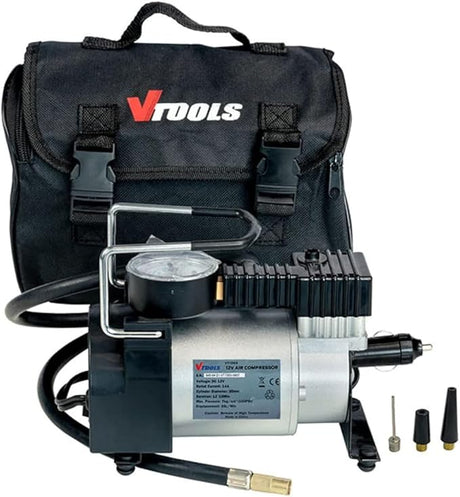 VTOOLS 12V Portable Air Compressor Single Cylinder With 100 Psi Inclding Carrying Bag, 1 Meter Hose, VT1303 - Al Kabayel Discount CentreVTOOLS 12V Portable Air Compressor Single Cylinder With 100 Psi Inclding Carrying Bag, 1 Meter Hose, VT1303Power ToolsVTOOLSAl Kabayel Discount Centre