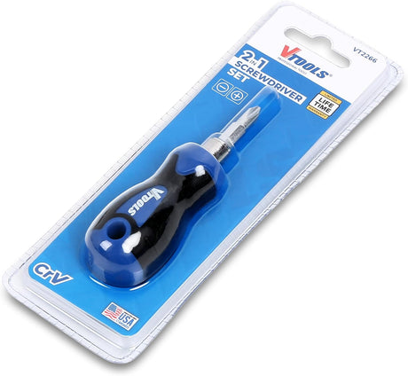 Vtools 2 in 1 Screwdriver (Slotted and Phillips) with Interchangeable Handle, CR - V Material, Shank Size 6.35x75mm, Compact Design, Plastic Hanger Packaging for Easy Storage, Blue, VT2266 - Al Kabayel Discount CentreVtools 2 in 1 Screwdriver (Slotted and Phillips) with Interchangeable Handle, CR - V Material, Shank Size 6.35x75mm, Compact Design, Plastic Hanger Packaging for Easy Storage, Blue, VT2266ToolsVTOOLSAl Kabayel Discount Centre