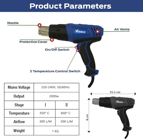 Vtools 2000W Heat Gun with Dual Temperature Control, Adjustable 350°C–600°C, Hot Air Tool for Paint, PVC & Crafting, Blue, VT1112 - Al Kabayel Discount CentreVtools 2000W Heat Gun with Dual Temperature Control, Adjustable 350°C–600°C, Hot Air Tool for Paint, PVC & Crafting, Blue, VT1112ToolsVTOOLSAl Kabayel Discount Centre