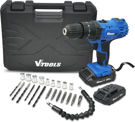 Vtools 20V Cordless Impact Drill Kit with 29 Accessories, 2 Batteries, Variable Speed, 28Nm Torque, Blue, VT1211 - KIT - Al Kabayel Discount CentreVtools 20V Cordless Impact Drill Kit with 29 Accessories, 2 Batteries, Variable Speed, 28Nm Torque, Blue, VT1211 - KITToolsVTOOLSAl Kabayel Discount Centre