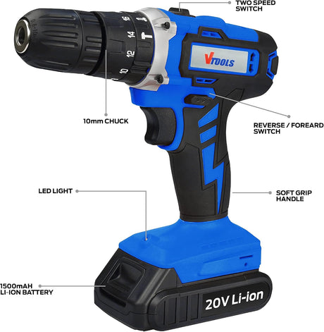 Vtools 20V Cordless Impact Drill With 2 Batteries & 1 Charger, 2 - Variable Speed, 10mm Keyless Chuck, 18+1 Torque Setting, BMC Case, Drill Kit for Wood, Concrete, & Plastic, 2 Years Warranty, VT1211 - Al Kabayel Discount CentreVtools 20V Cordless Impact Drill With 2 Batteries & 1 Charger, 2 - Variable Speed, 10mm Keyless Chuck, 18+1 Torque Setting, BMC Case, Drill Kit for Wood, Concrete, & Plastic, 2 Years Warranty, VT1211ToolsVTOOLSAl Kabayel Discount Centre