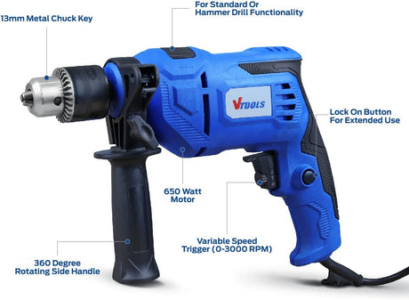 Vtools 650 Watt Impact Drill With Multi Function (Hammer And Drill), 360 degree Rotating Side Handle, Guide Ruler, And Variable Speed, Blue, VT1206 - Al Kabayel Discount CentreVtools 650 Watt Impact Drill With Multi Function (Hammer And Drill), 360 degree Rotating Side Handle, Guide Ruler, And Variable Speed, Blue, VT1206ToolsVTOOLSAl Kabayel Discount Centre