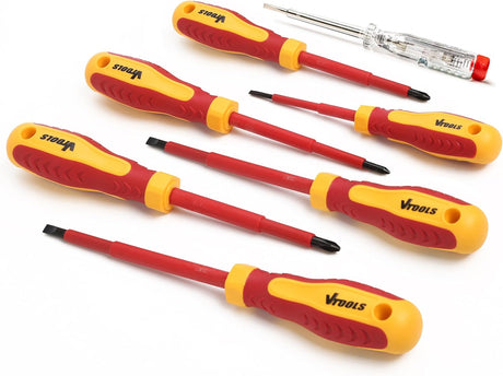 Vtools 7 - Piece Insulated Screwdriver Set with Voltage Tester, VDE Certified 1000V, Magnetic, Professional, Cushion Grip, Ergonomic Handle, Flat & Phillips - Al Kabayel Discount CentreVtools 7 - Piece Insulated Screwdriver Set with Voltage Tester, VDE Certified 1000V, Magnetic, Professional, Cushion Grip, Ergonomic Handle, Flat & PhillipsToolsVTOOLSAl Kabayel Discount Centre