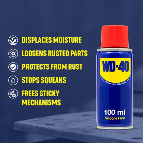 WD - 40 Multi - Use 100ml Spray Aerosol Can All - Purpose Lubricant, Cleans Rust, for Home & Workshop Use - Al Kabayel Discount CentreWD - 40 Multi - Use 100ml Spray Aerosol Can All - Purpose Lubricant, Cleans Rust, for Home & Workshop UseAutomotiveWD - 41Al Kabayel Discount Centre