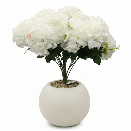 White Artificial Hydrangea Arrangement | Cream Sphere Pot | 35cm - Al Kabayel Discount CentreWhite Artificial Hydrangea Arrangement | Cream Sphere Pot | 35cmArtificial FloraAKDCAl Kabayel Discount Centre