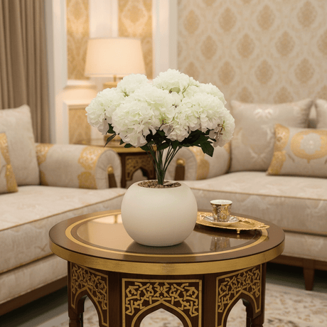 White Artificial Hydrangea Arrangement | Cream Sphere Pot | 35cm - Al Kabayel Discount CentreWhite Artificial Hydrangea Arrangement | Cream Sphere Pot | 35cmArtificial FloraAKDCAl Kabayel Discount Centre
