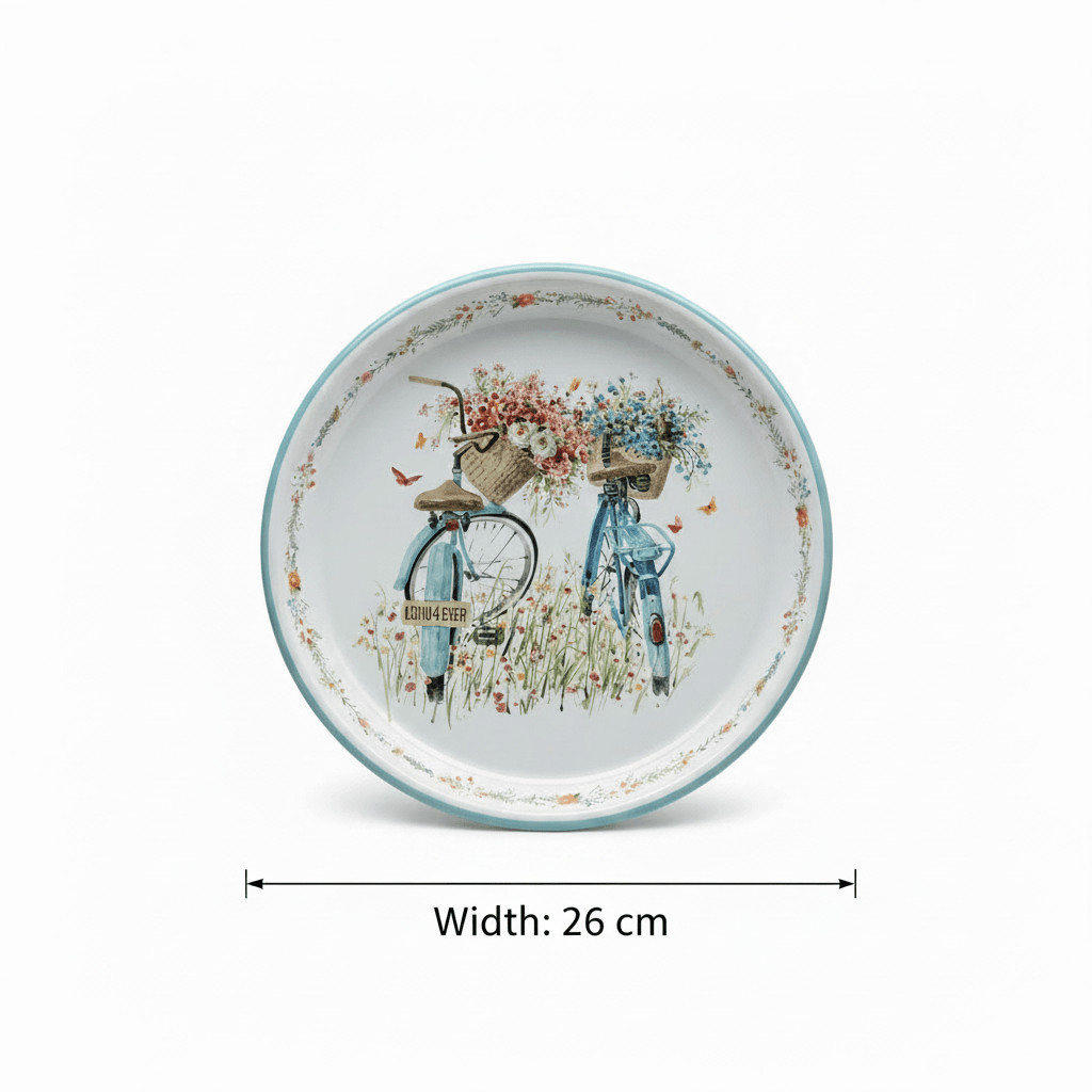 White & Blue Vintage Bicycles with Floral Design Enamel Plate – 26cm - Al Kabayel Discount CentreWhite & Blue Vintage Bicycles with Floral Design Enamel Plate – 26cmPlatesAKDCAl Kabayel Discount Centre