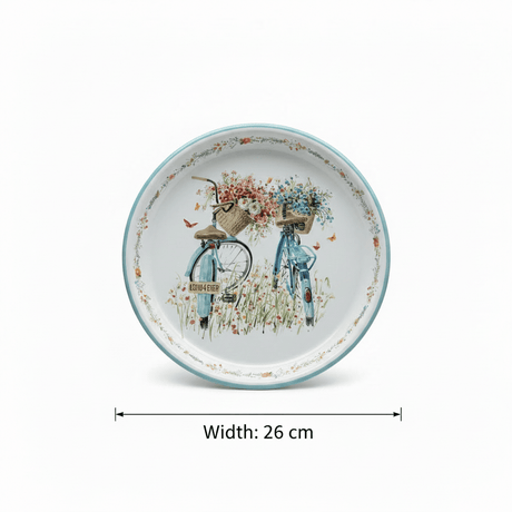 White & Blue Vintage Bicycles with Floral Design Enamel Plate – 26cm - Al Kabayel Discount CentreWhite & Blue Vintage Bicycles with Floral Design Enamel Plate – 26cmPlatesAKDCAl Kabayel Discount Centre