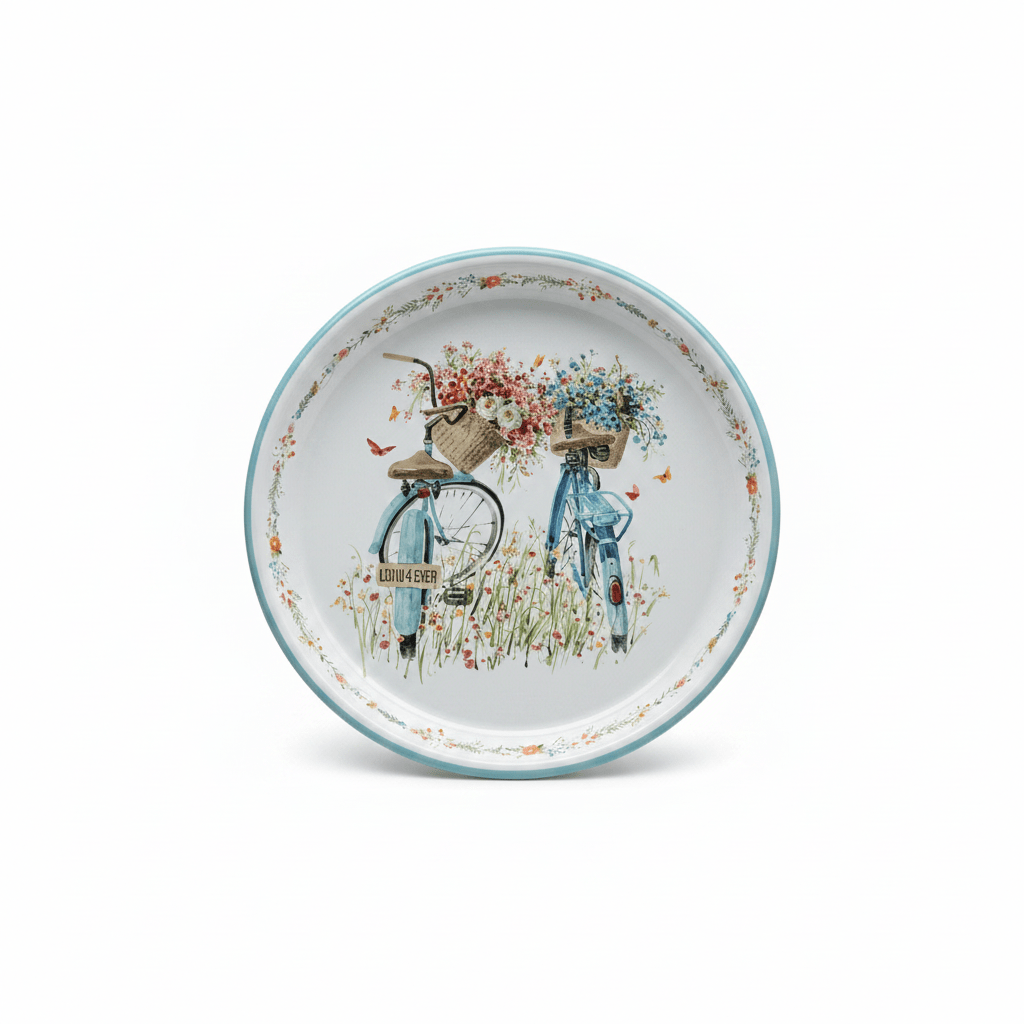 White & Blue Vintage Bicycles with Floral Design Enamel Plate – 26cm - Al Kabayel Discount CentreWhite & Blue Vintage Bicycles with Floral Design Enamel Plate – 26cmPlatesAKDCAl Kabayel Discount Centre