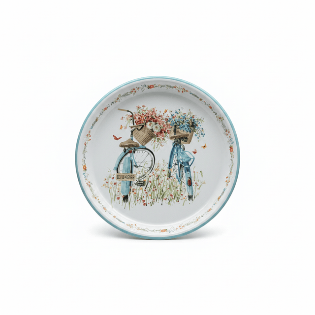 White & Blue Vintage Bicycles with Floral Design Enamel Plate – 26cm - Al Kabayel Discount CentreWhite & Blue Vintage Bicycles with Floral Design Enamel Plate – 26cmPlatesAKDCAl Kabayel Discount Centre