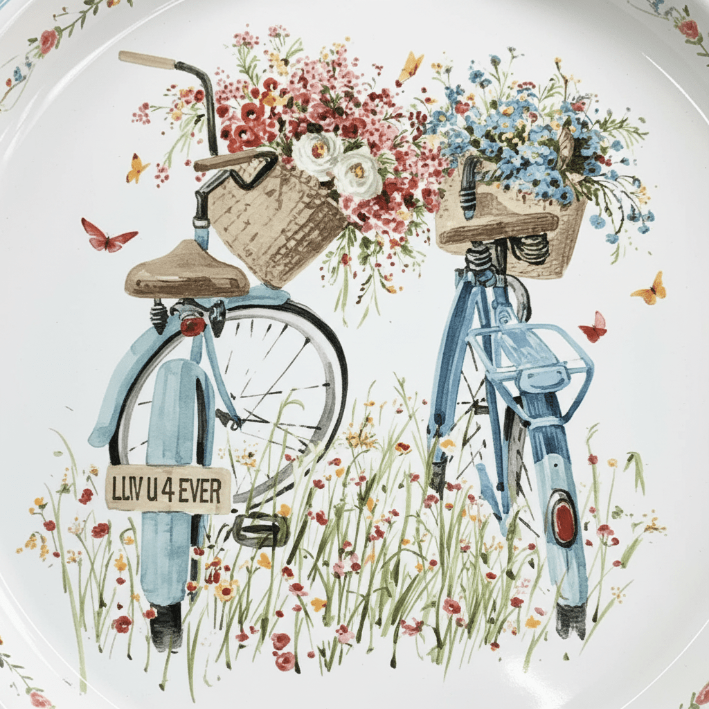White & Blue Vintage Bicycles with Floral Design Enamel Plate – 26cm - Al Kabayel Discount CentreWhite & Blue Vintage Bicycles with Floral Design Enamel Plate – 26cmPlatesAKDCAl Kabayel Discount Centre