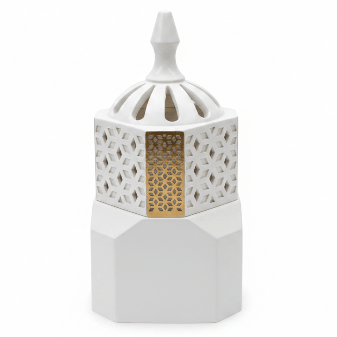 White Ceramic Arabic Incense Burner – Geometric Lattice Mabkhara | 14cm - Al Kabayel Discount CentreWhite Ceramic Arabic Incense Burner – Geometric Lattice Mabkhara | 14cmIncense BurnerAKDCAl Kabayel Discount Centre