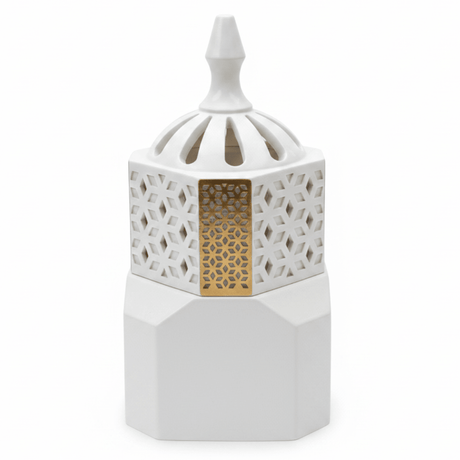 White Ceramic Arabic Incense Burner – Geometric Lattice Mabkhara | 14cm - Al Kabayel Discount CentreWhite Ceramic Arabic Incense Burner – Geometric Lattice Mabkhara | 14cmIncense BurnerAKDCAl Kabayel Discount Centre