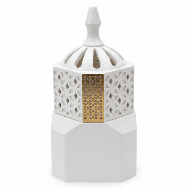 White Ceramic Arabic Incense Burner – Geometric Lattice Mabkhara | 14cm - Al Kabayel Discount CentreWhite Ceramic Arabic Incense Burner – Geometric Lattice Mabkhara | 14cmIncense BurnerAKDCAl Kabayel Discount Centre