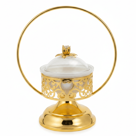 White Ceramic Candy Bowl with Gold Metal Holder & Lid – Elegant Serving Dish for Chocolates, Sweets & Dry Fruits – 12 × 30 cm - Al Kabayel Discount CentreWhite Ceramic Candy Bowl with Gold Metal Holder & Lid – Elegant Serving Dish for Chocolates, Sweets & Dry Fruits – 12 × 30 cmJars & Food SaversAKDCAl Kabayel Discount Centre