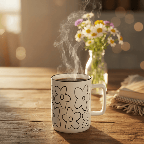 White Ceramic Daisy Flower Mug – 400ml | Black Print & Rim - Al Kabayel Discount CentreWhite Ceramic Daisy Flower Mug – 400ml | Black Print & RimMugsAKDCAl Kabayel Discount Centre