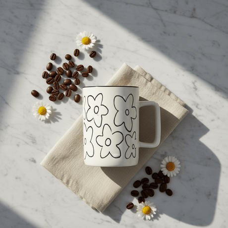 White Ceramic Daisy Flower Mug – 400ml | Black Print & Rim - Al Kabayel Discount CentreWhite Ceramic Daisy Flower Mug – 400ml | Black Print & RimMugsAKDCAl Kabayel Discount Centre